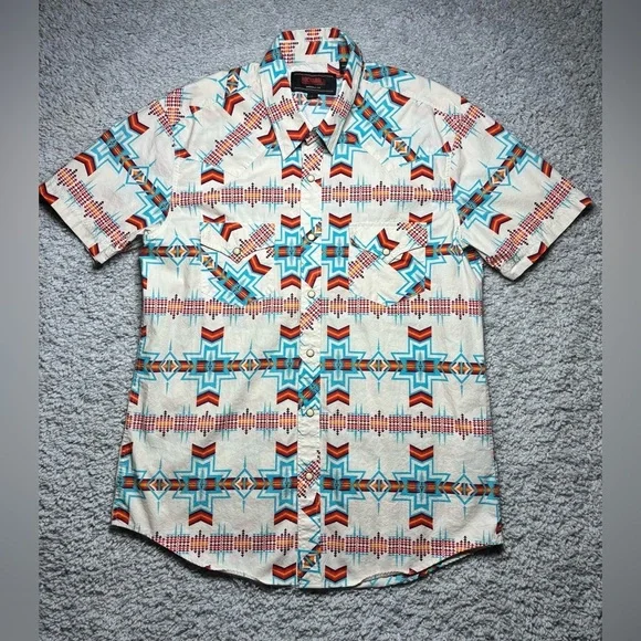 Rock and Roll Denim Shirt Mens Large Aztec Snap Button Up Modern Fit Werstern - Picture 1 of 6
